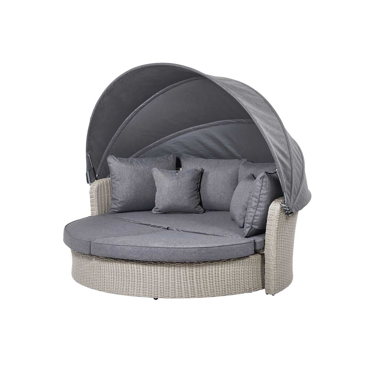 Avalonia Stone Grey Rattan Effect Round Garden Daybed with Canopy – Click Style