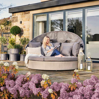 Avalonia Stone Grey Rattan Effect Round Garden Daybed with Canopy – Click Style