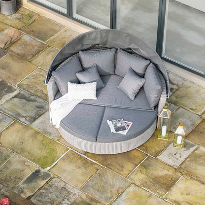 Avalonia Stone Grey Rattan Effect Round Garden Daybed with Canopy – Click Style