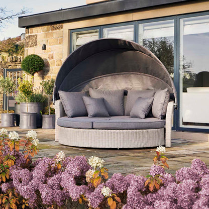 Avalonia Stone Grey Rattan Effect Round Garden Daybed with Canopy – Click Style