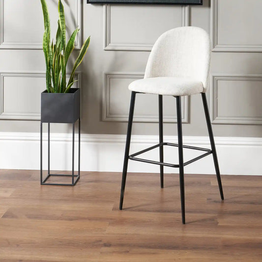 Bari Light Grey Linen Mix Fabric High Back Bar Stool with Black Metal Legs – Click Style