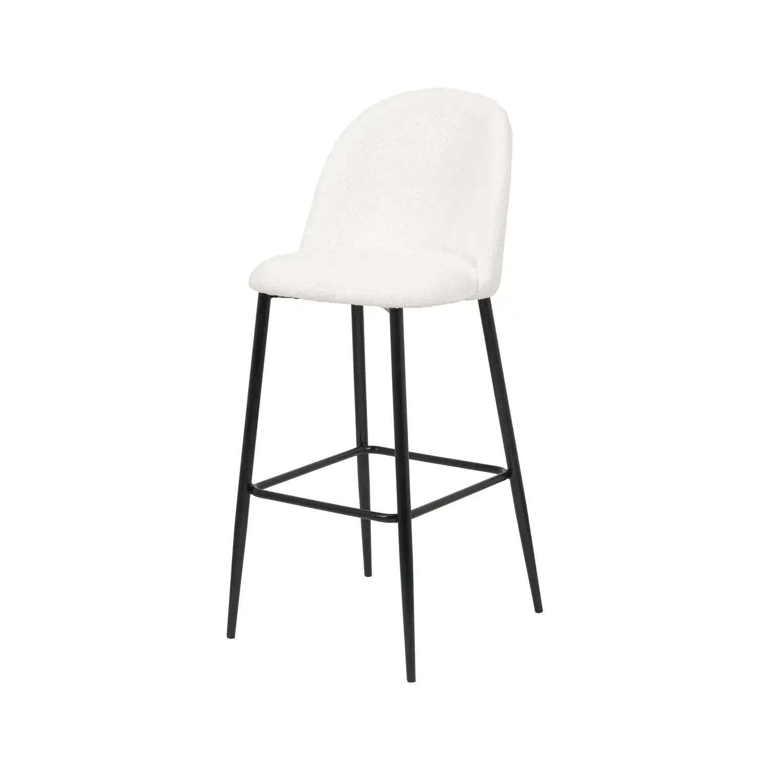 Bari Soft White Boucle Fabric High Back Bar Stool with Black Metal Legs – Click Style