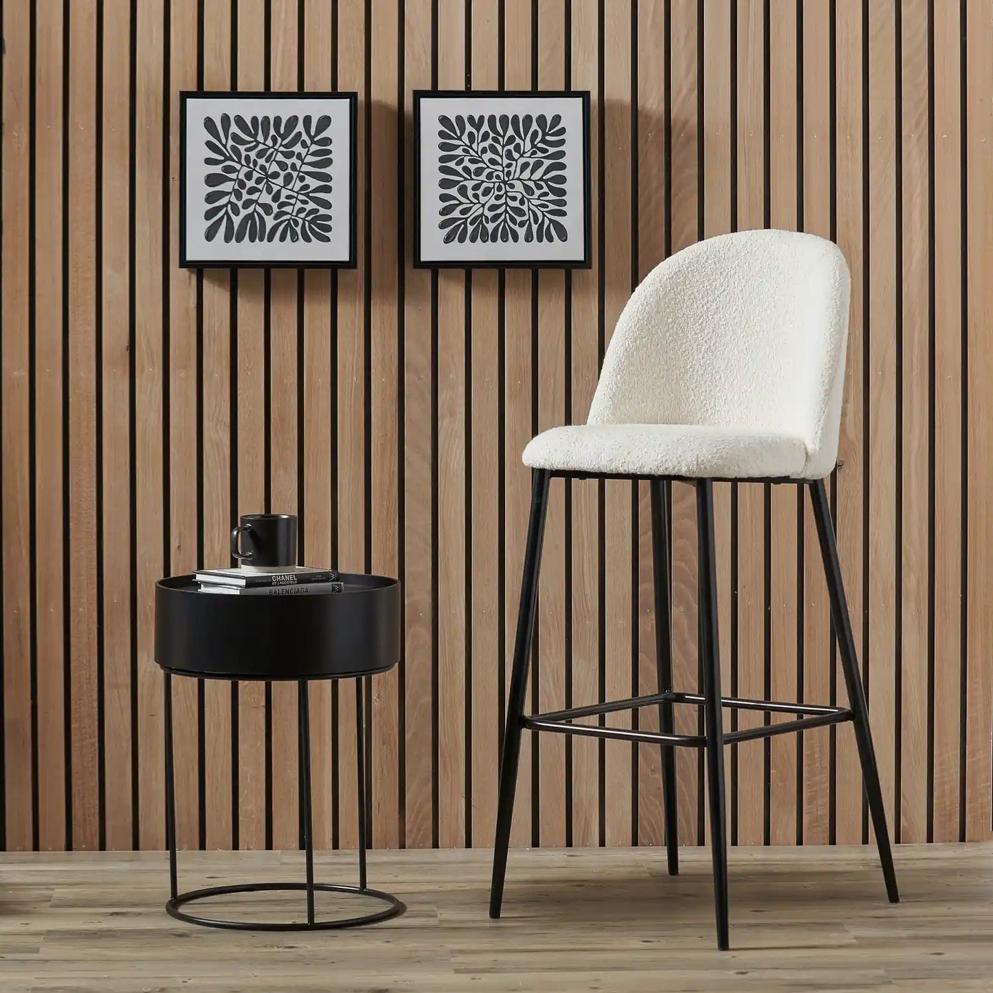 Bari Soft White Boucle Fabric High Back Bar Stool with Black Metal Legs – Click Style