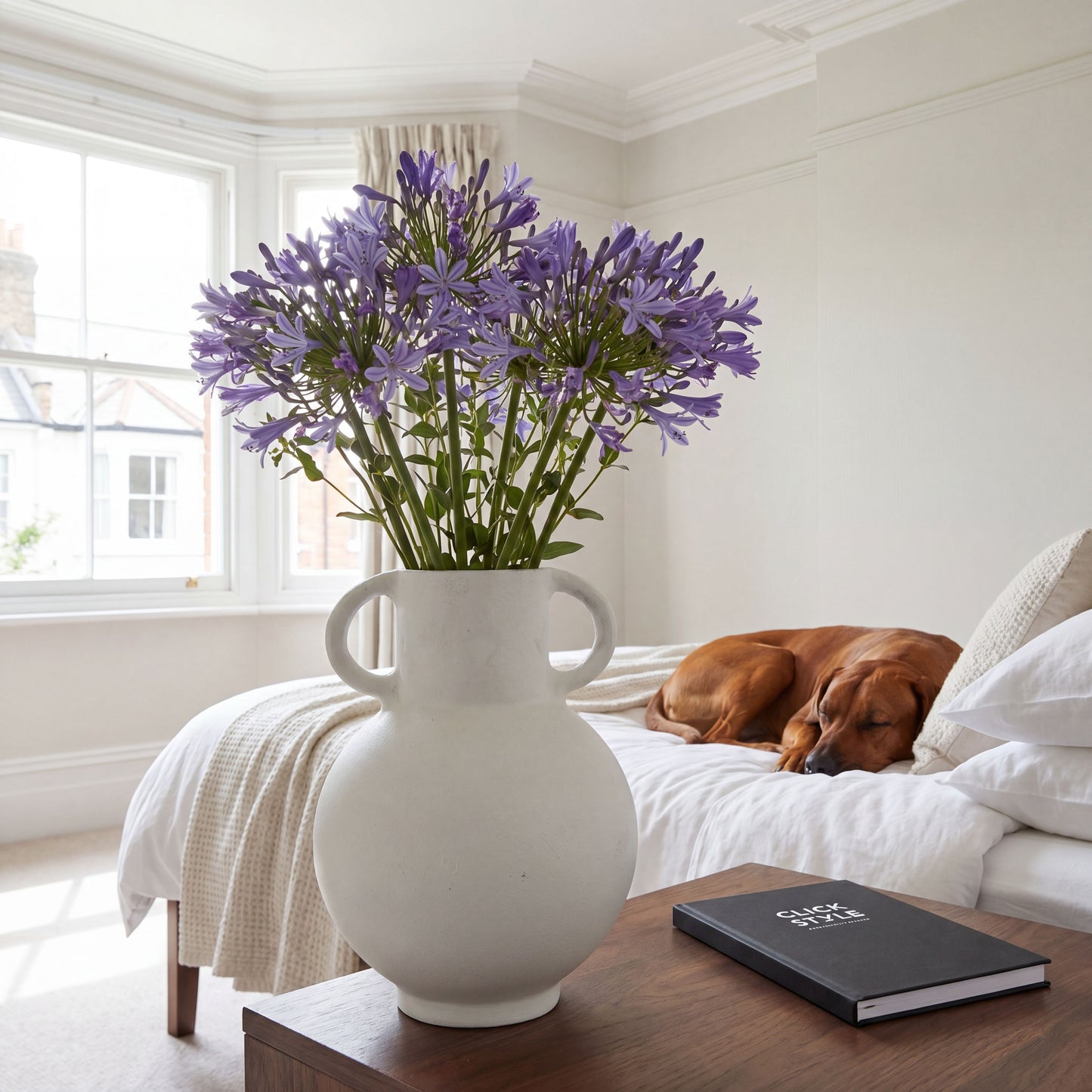 Modern Matt White Metal Amphora Vase with Curved Shape and Decorative Twin Handles | Click Style