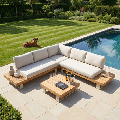 Natural & Light Beige 6-Seater Outdoor Garden Corner Sofa Set with Cushions – Acacia Wood Platform Lounge Set with Light Beige Powder-Coated Aluminium Frame, Coffee Table & Integrated Platform Side Tables 280x280cm, Deep Season-Proof Linen-Look Cushions & Weather-Resistant Outdoor Lounge Furniture for UK Gardens, Patios & Terraces | Click Style