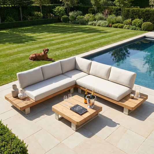 Natural & Light Beige 6-Seater Outdoor Garden Corner Sofa Set with Cushions – Acacia Wood Platform Lounge Set with Light Beige Powder-Coated Aluminium Frame, Coffee Table & Integrated Platform Side Tables 280x280cm, Deep Season-Proof Linen-Look Cushions & Weather-Resistant Outdoor Lounge Furniture for UK Gardens, Patios & Terraces | Click Style