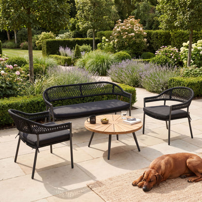 Black 4-Seater Outdoor Rope Garden Sofa Set with Cushions – Acacia Wood Coffee Table & Powder-Coated Aluminium Chairs – contemporary black rope weave garden lounge set with teak-effect acacia wood round coffee table, powder-coated aluminium frames, season-proof cushions and luxury patio seating for modern terraces, courtyards and stylish outdoor living spaces 39x80x80cm | Click Style