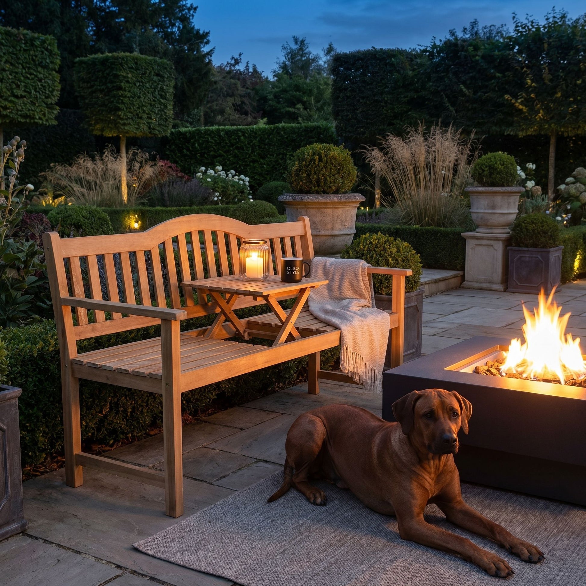 Henley Natural Acacia Wood Garden Bench with Pop-up Table – Space-Saving 2–3 Seater Wooden Outdoor Bench with Built-In Folding Centre Table, Natural Acacia Wood Patio & Garden Seating for Courtyards, Terraces & Relaxed Outdoor Living Spaces | Click Style