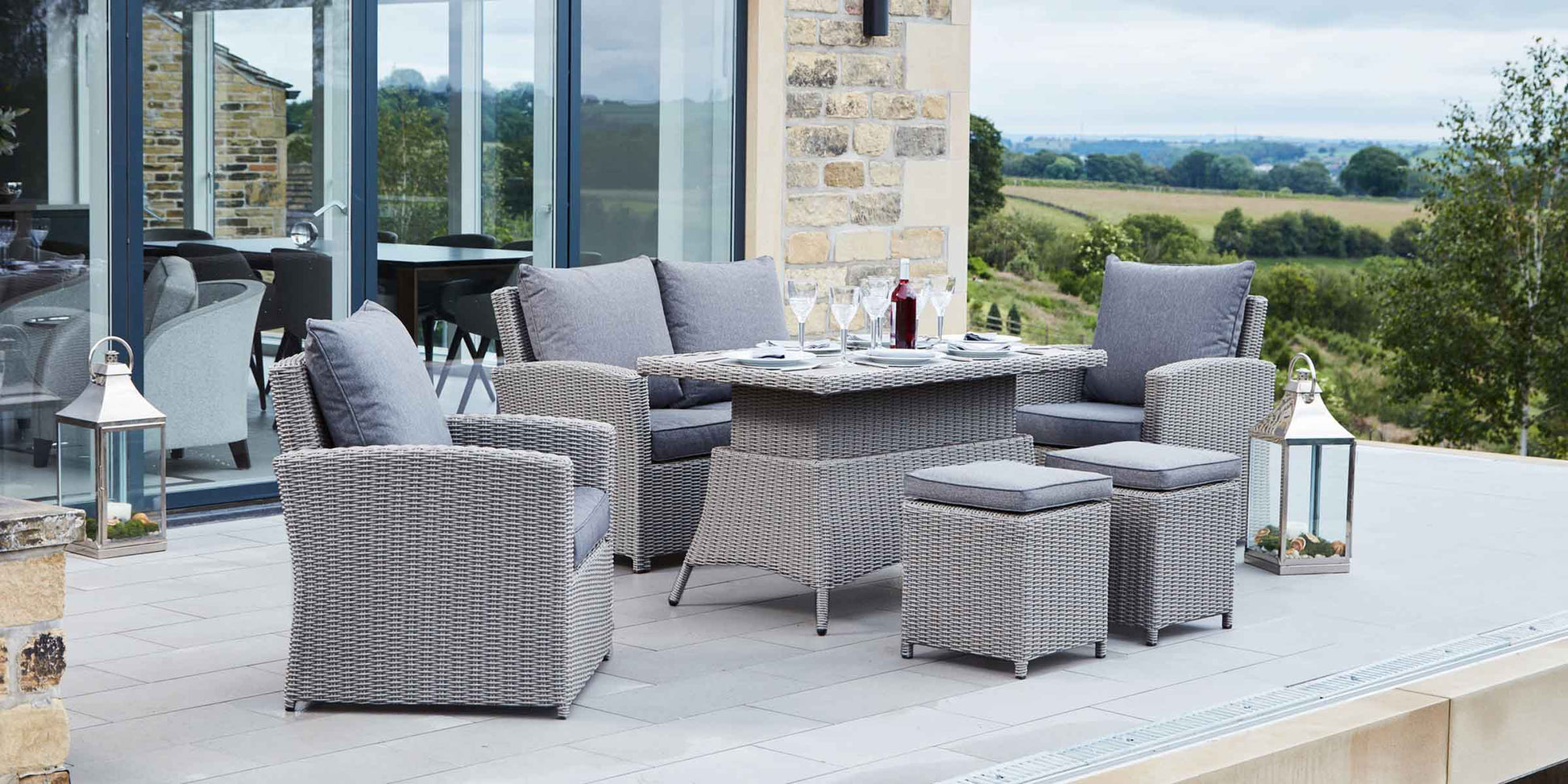 Borneo Grey Rattan Effect Garden Lounge Set with 2 Seater Sofa & Adjustable Ceramic Top Table – Click Style