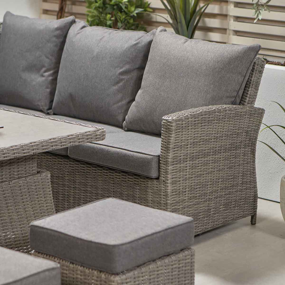 Borneo Grey Rattan Effect Long Left Garden Corner Sofa Set with Adjustable Ceramic Top Table – Click Style