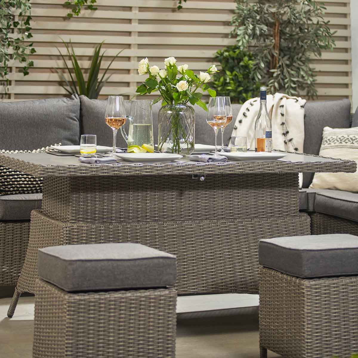 Borneo Grey Rattan Effect Long Left Garden Corner Sofa Set with Adjustable Ceramic Top Table – Click Style