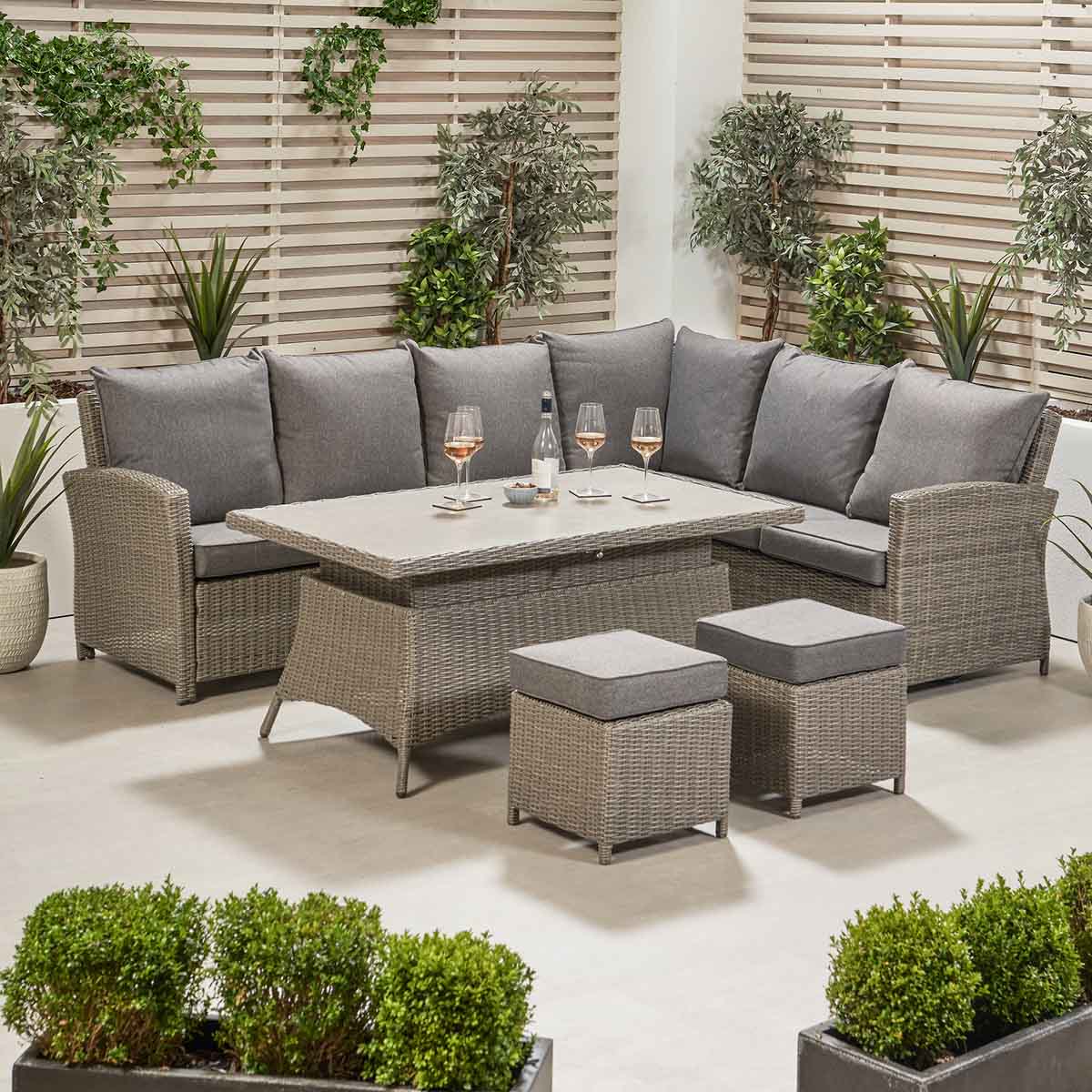 Borneo Grey Rattan Effect Long Left Garden Corner Sofa Set with Adjustable Ceramic Top Table – Click Style