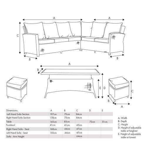 Borneo Grey Rattan Effect Long Left Garden Corner Sofa Set with Adjustable Ceramic Top Table – Click Style