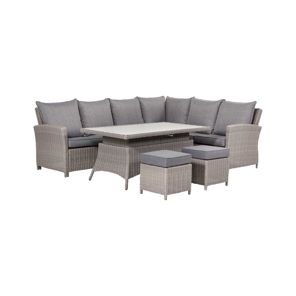 Borneo Grey Rattan Effect Long Left Garden Corner Sofa Set with Adjustable Ceramic Top Table – Click Style