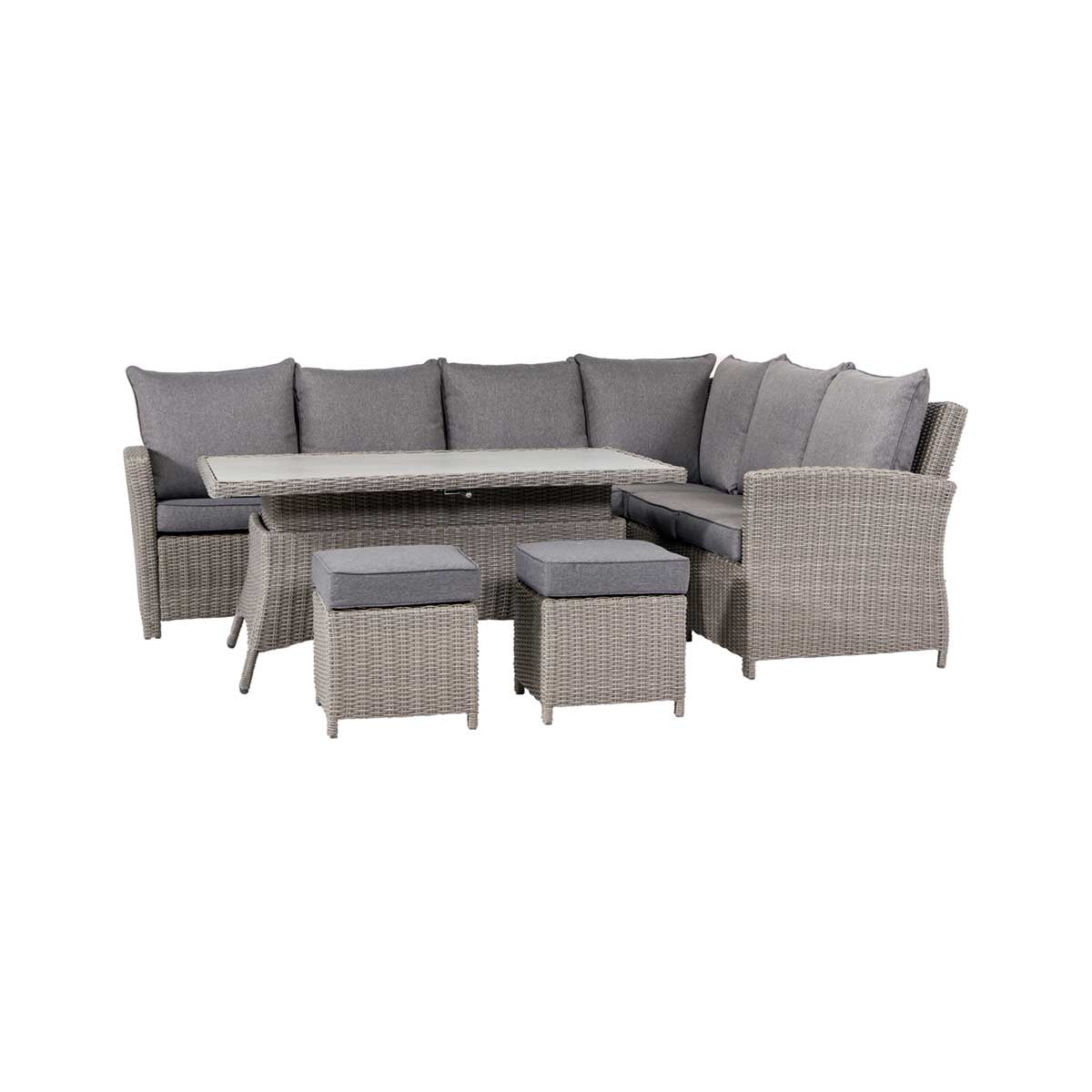 Borneo Grey Rattan Effect Long Left Garden Corner Sofa Set with Adjustable Ceramic Top Table – Click Style