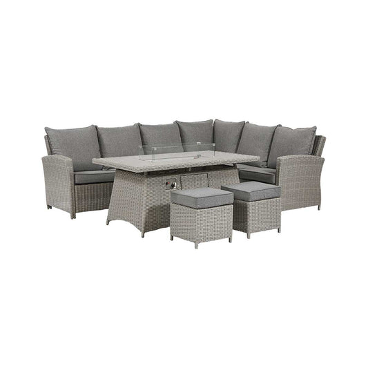 Borneo Grey Rattan Effect Long Left Garden Corner Sofa Set with Fire Pit Ceramic Top Table – Click Style