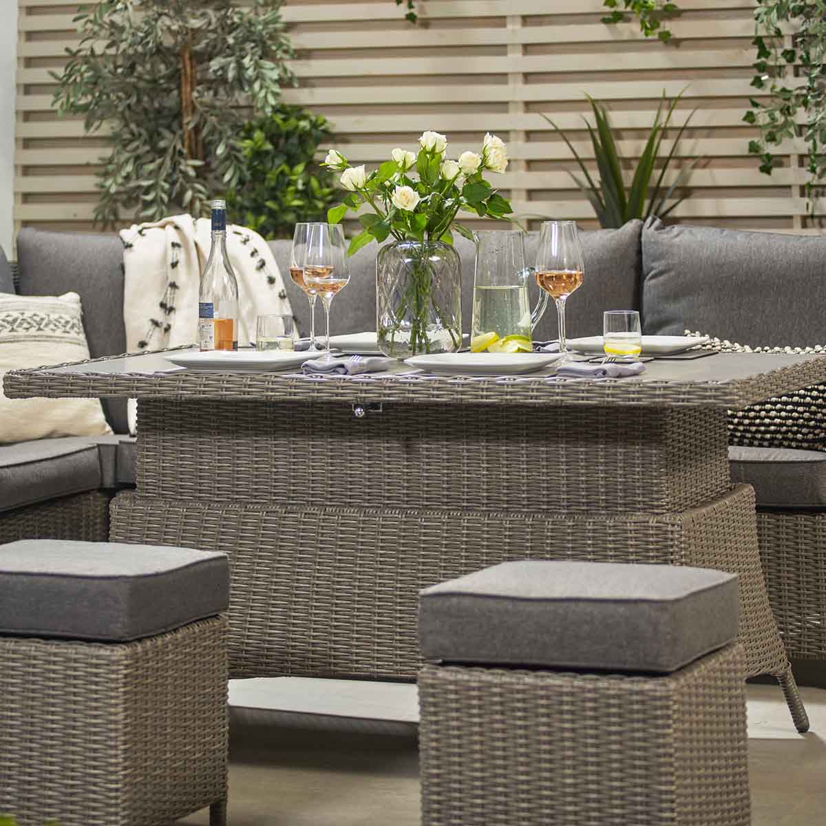 Borneo Grey Rattan Effect Long Right Garden Corner Sofa Set with Adjustable Ceramic Top Table – Click Style