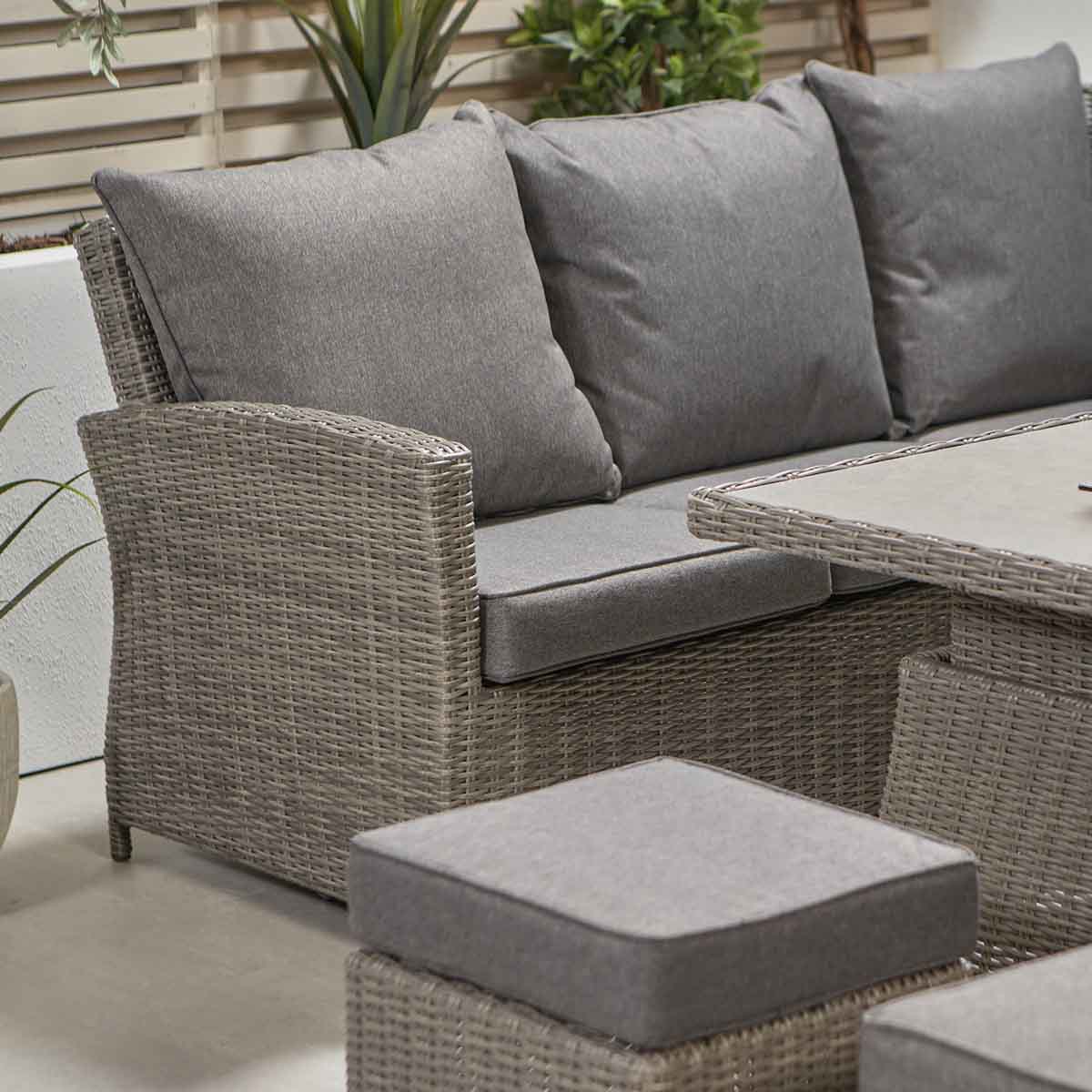 Borneo Grey Rattan Effect Long Right Garden Corner Sofa Set with Adjustable Ceramic Top Table – Click Style