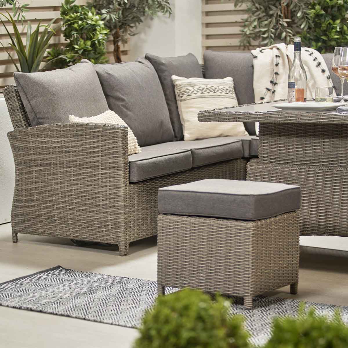 Borneo Grey Rattan Effect Long Right Garden Corner Sofa Set with Adjustable Ceramic Top Table – Click Style