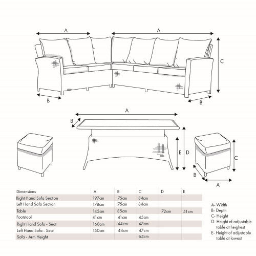 Borneo Grey Rattan Effect Long Right Garden Corner Sofa Set with Adjustable Ceramic Top Table – Click Style