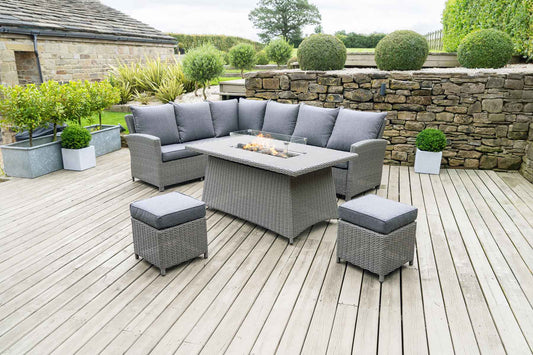 Borneo Grey Rattan Effect Long Right Garden Corner Sofa Set with Fire Pit Ceramic Top Table – Click Style