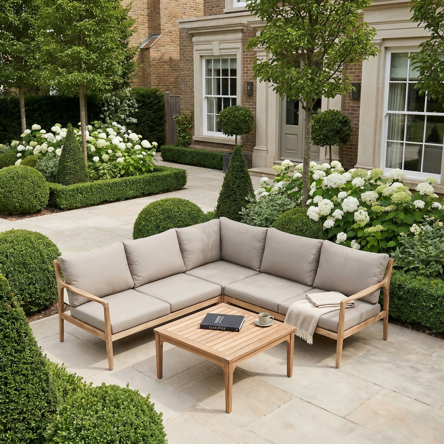 Neutral Beige Taupe Outdoor Garden Corner Sofa Set with Cushions & Square Coffee Table – Light Teak Effect Acacia Wood L-Shaped Lounge Set, 6-Seater Patio Corner Seating for Garden, Terrace, Conservatory & Outdoor Living Space | Click Style