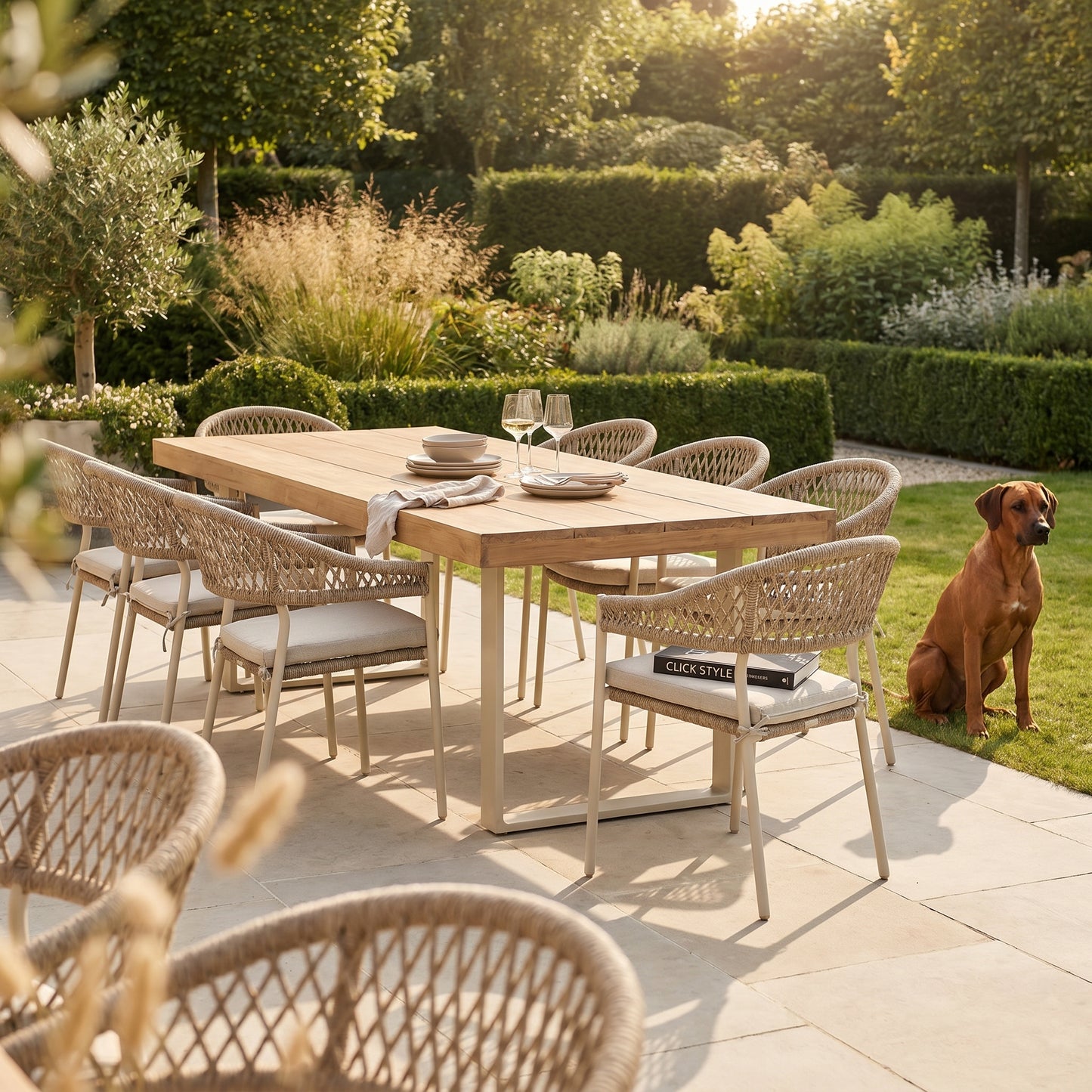 Natural & Light Beige 8 Seater Outdoor Garden Dining Set with Square Tie-On Cushions – Large Rectangular Thick-Top Acacia Wood Table & 8 Curved Back Rope Weave Dining Chairs, Light Beige Powder Coated Aluminium Frame, Light Linen Season-Proof Cushions with Secure Ties, Weather Resistant Luxury Garden Patio Furniture Set for Gardens, Patios, Decking & Terraces | Click Style