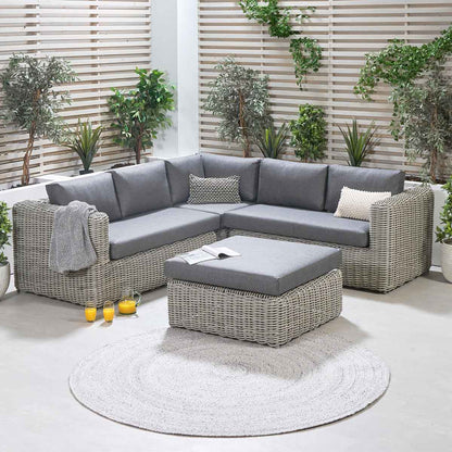 Celebes Grey Rattan Effect Garden Corner Sofa Set & Footstool – Click Style