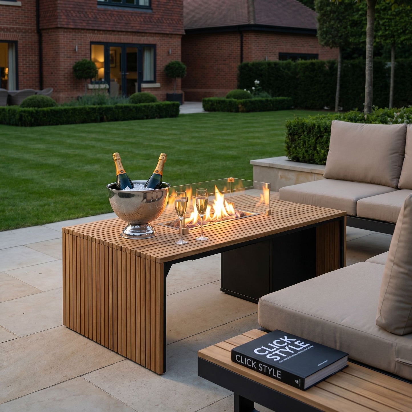 Cosibridge 140 Rectangular Outdoor Gas Fire Pit Table with Slatted Teak Wood Top & Sides – Freestanding Garden Coffee Table Firepit – luxury rectangular outdoor gas fire pit table with slatted teak finish, aluminium frame, optional glass wind guard and ceramic logs, propane gas burner with lava stones, modern patio heater table styled with corner sofa seating for gardens, patios and terraces | Click Style