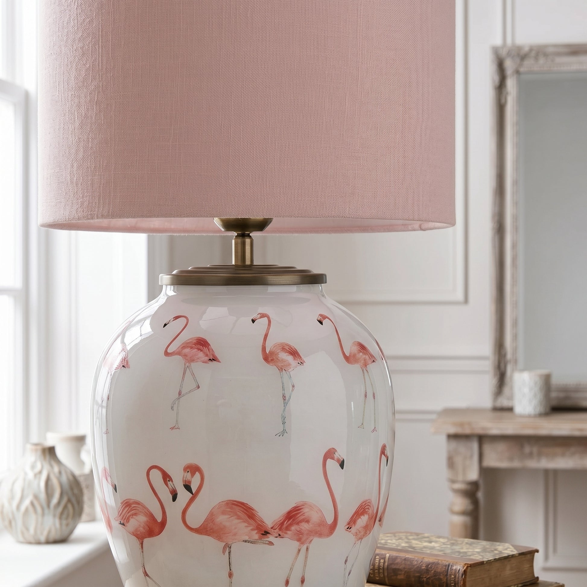 Jenny Worrall Pink Flamingos White Glass Bulbous Table Lamp Base with Antique Brass Feet Handcrafted Flamingo Design 36x20x20cm | Click Style