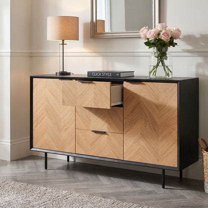 Scandinavian Two Tone Chevron Oak & Black Wood 2 Door 3 Drawer Sideboard with Herringbone Veneer Doors – Modern Scandi Storage Cabinet with Slim Black Metal Handles, Black Frame & Legs, Wooden Buffet Sideboard for Living Room, Dining Room & Hallway 80x140x43cm | Click Style