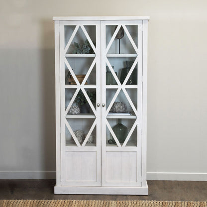 Coastal Distressed White Tall Display Cabinet