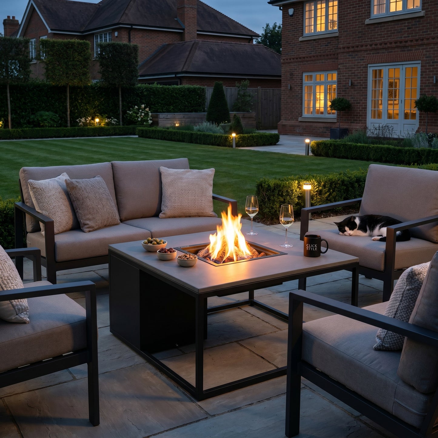 Cosiloft 100 Square Outdoor Gas Fire Pit Table with Black Metal Base & Grey Aluminium Top – Freestanding Garden Coffee Table Firepit 50x100x100cm – propane gas outdoor fire pit table with 9kW heat output, integrated gas burner with ceramic logs and lava stones, hidden 5kg gas bottle storage, weather-resistant aluminium frame, modern patio heater coffee table for garden, patio, decking and outdoor seating areas | Click Style