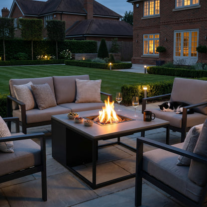 Cosiloft 100 Square Outdoor Gas Fire Pit Table with Black Metal Base & Grey Aluminium Top – Freestanding Garden Coffee Table Firepit 50x100x100cm – propane gas outdoor fire pit table with 9kW heat output, integrated gas burner with ceramic logs and lava stones, hidden 5kg gas bottle storage, weather-resistant aluminium frame, modern patio heater coffee table for garden, patio, decking and outdoor seating areas | Click Style
