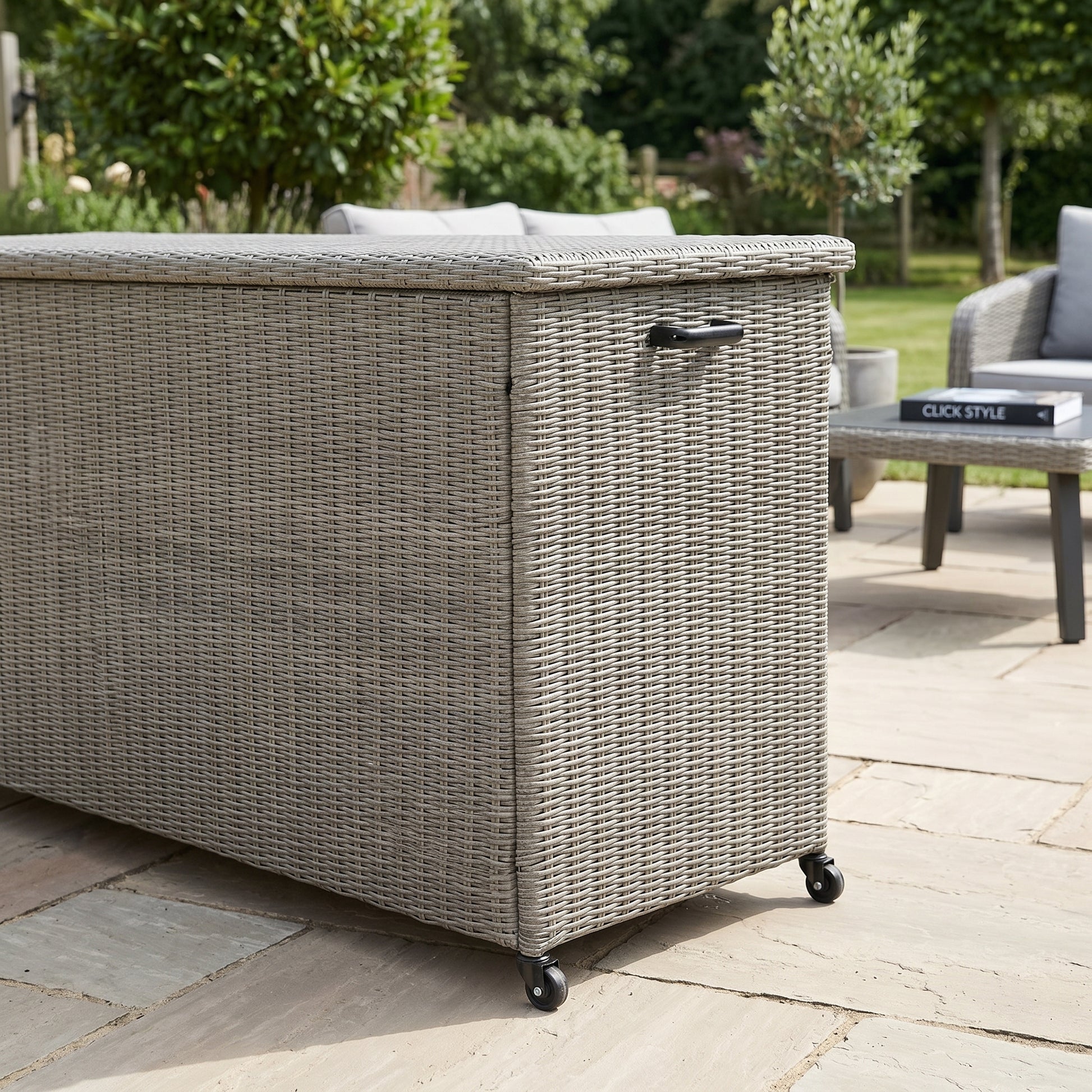 Large Slate Grey Rattan Effect Garden Cushion Storage Box 1000L Weatherproof Outdoor Cushion Storage Box with Gas Piston Assisted Lid, Wheels, Rustproof Aluminium Frame & PE Rattan Weave | Click Style