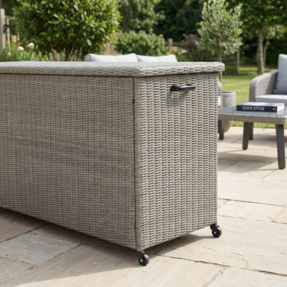 Large Slate Grey Rattan Effect Garden Cushion Storage Box 1000L Weatherproof Outdoor Cushion Storage Box with Gas Piston Assisted Lid, Wheels, Rustproof Aluminium Frame & PE Rattan Weave | Click Style
