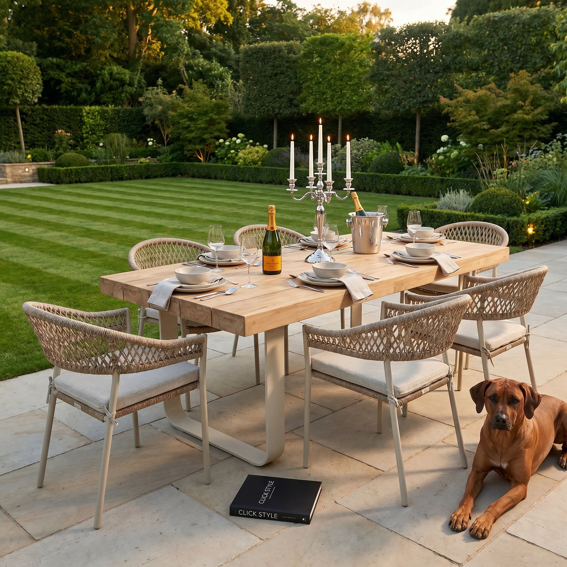Natural & Light Beige 6 Seater Outdoor Garden Dining Set with Square Tie-On Cushions – Large Rectangular Thick-Top Acacia Wood Table & 6 Curved Back Rope Weave Dining Chairs, Light Beige Powder-Coated Aluminium Frame, Light Linen Season-Proof Cushions with Secure Ties, Weather-Resistant Luxury Patio Furniture Set for UK Gardens, Patios, Decking & Terraces | Click Stylegarden scene.