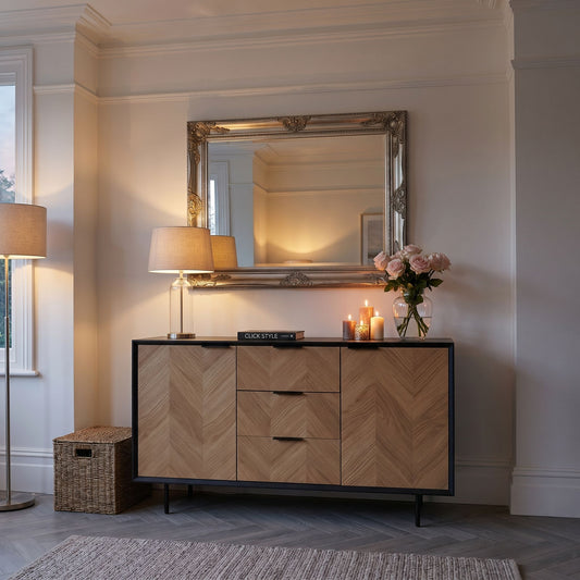 Scandinavian Two Tone Chevron Oak & Black Wood 2 Door 3 Drawer Sideboard with Herringbone Veneer Doors – Modern Scandi Storage Cabinet with Slim Black Metal Handles, Black Frame & Legs, Wooden Buffet Sideboard for Living Room, Dining Room & Hallway 80x140x43cm | Click Style