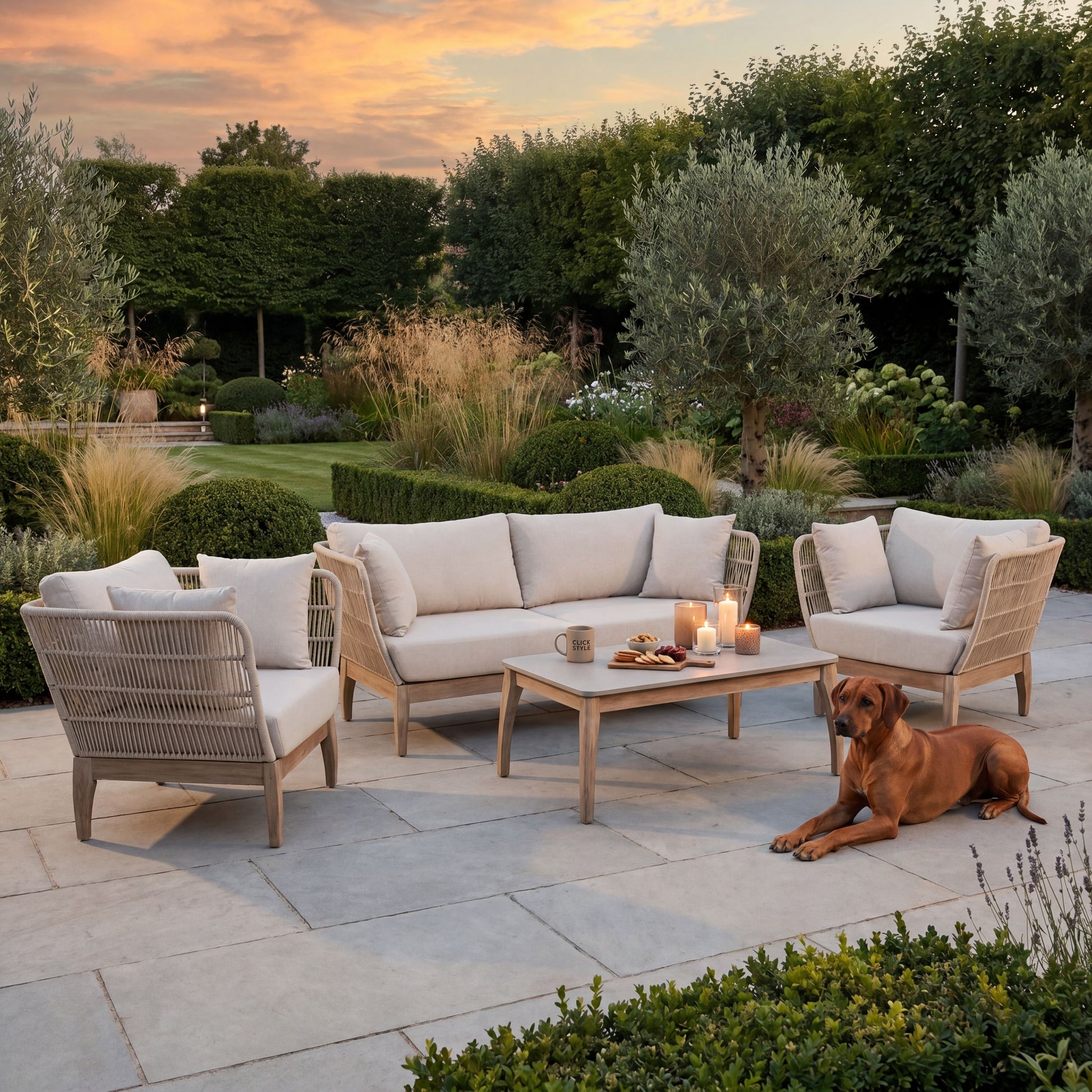 Neutral Beige 4-Seater Outdoor Rope Garden Sofa Set with Cushions – Acacia Wood & Polyrope Coffee Table & Armchairs 40x100x60cm – contemporary outdoor rope garden furniture set with natural oatmeal Olefin cushions, sustainable acacia wood frame, hand-woven latte polyrope weave, cement-effect polystone coffee table, weather-resistant patio seating for modern gardens, terraces and luxury outdoor living spaces | Click Style