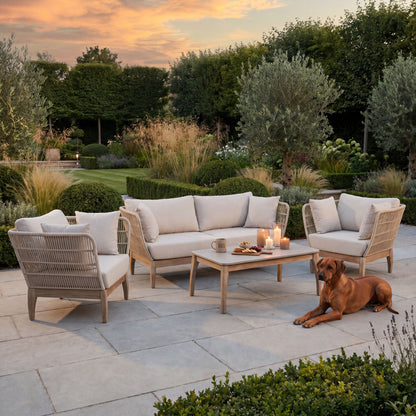 Neutral Beige 4-Seater Outdoor Rope Garden Sofa Set with Cushions – Acacia Wood & Polyrope Coffee Table & Armchairs 40x100x60cm – contemporary outdoor rope garden furniture set with natural oatmeal Olefin cushions, sustainable acacia wood frame, hand-woven latte polyrope weave, cement-effect polystone coffee table, weather-resistant patio seating for modern gardens, terraces and luxury outdoor living spaces | Click Style