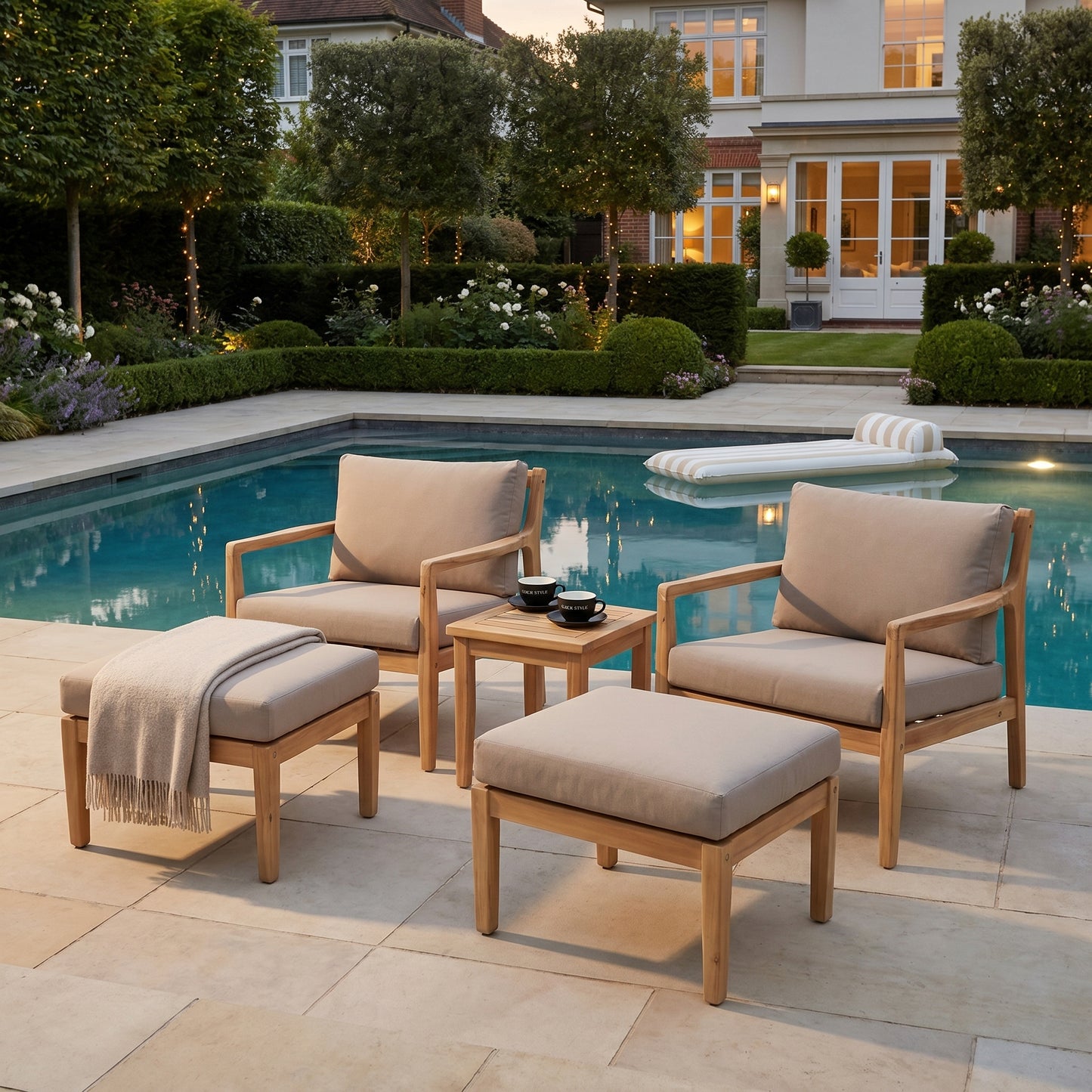 Neutral Beige Taupe 2-Seater Outdoor Garden Lounge Set with Armchairs, Footstools & Side Table – Light Teak Effect Acacia Wood Bistro Patio Set with Cushions, Compact Seating for Garden, Terrace, Balcony, Conservatory & Outdoor Living Space | Click Style