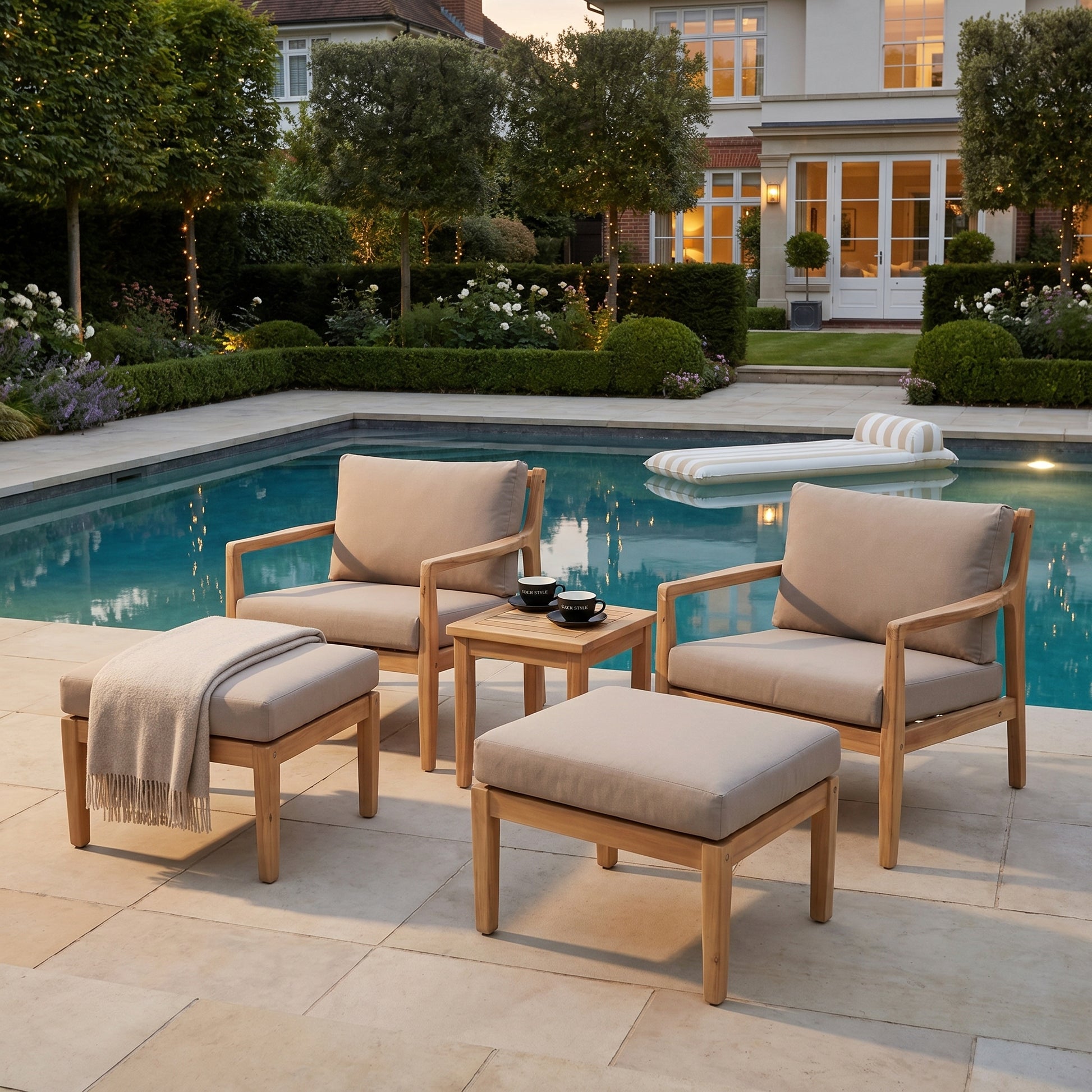 Neutral Beige Taupe 2-Seater Outdoor Garden Lounge Set with Armchairs, Footstools & Side Table – Light Teak Effect Acacia Wood Bistro Patio Set with Cushions, Compact Seating for Garden, Terrace, Balcony, Conservatory & Outdoor Living Space | Click Style