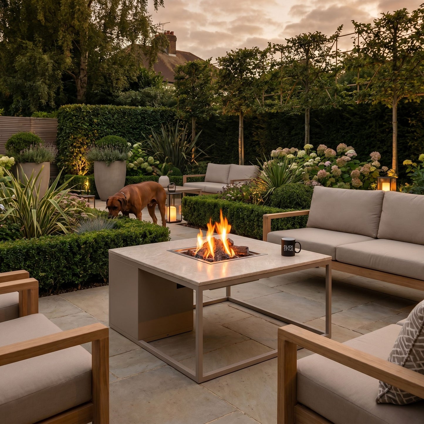 Cosiloft 100 Beige Taupe Gas Fire Pit Table with Stone-Effect Top – Square Outdoor Firepit 50x100x100cm – luxury propane gas garden fire pit coffee table with 9kW heat output, integrated gas burner with ceramic logs and lava stones, hidden 5kg gas bottle storage, removable metal burner cover, weather-resistant aluminium frame and contemporary outdoor heating for patios, terraces and modern UK garden seating areas | Click Style