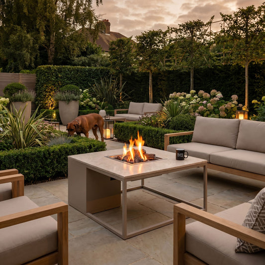 Cosiloft 100 Beige Taupe Gas Fire Pit Table with Stone-Effect Top – Square Outdoor Firepit 50x100x100cm – luxury propane gas garden fire pit coffee table with 9kW heat output, integrated gas burner with ceramic logs and lava stones, hidden 5kg gas bottle storage, removable metal burner cover, weather-resistant aluminium frame and contemporary outdoor heating for patios, terraces and modern UK garden seating areas | Click Style