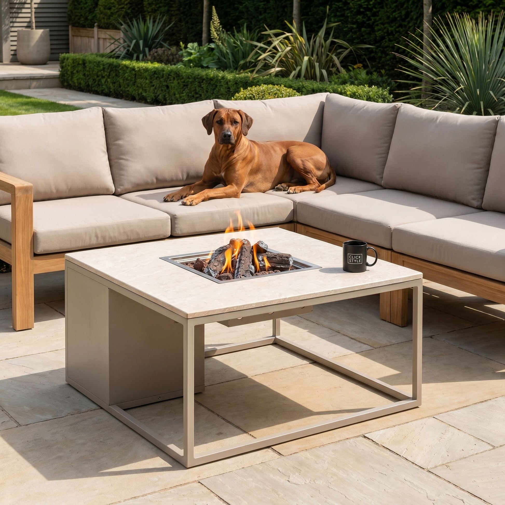 Cosiloft 100 Beige Taupe Gas Fire Pit Table with Stone-Effect Top – Square Outdoor Firepit 50x100x100cm – luxury propane gas garden fire pit coffee table with 9kW heat output, integrated gas burner with ceramic logs and lava stones, hidden 5kg gas bottle storage, removable metal burner cover, weather-resistant aluminium frame and contemporary outdoor heating for patios, terraces and modern UK garden seating areas | Click Style