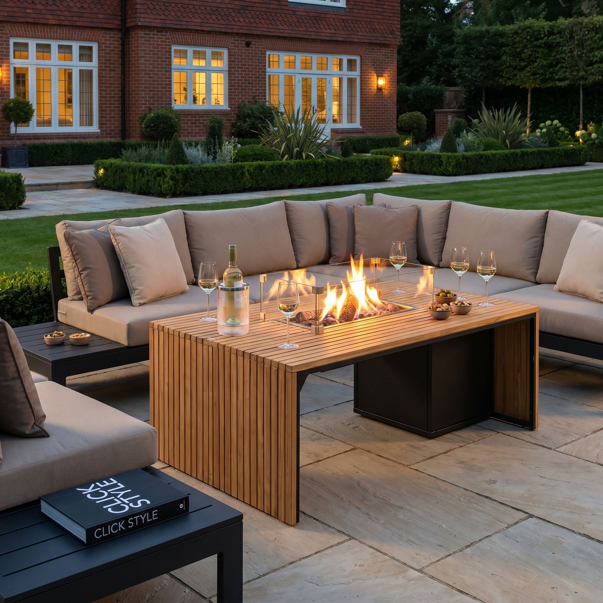 LOGOS FIRE TABLE + QUATTRO POD（STAND）SET Cosibridge 140 Rectangular Outdoor Gas Fire Pit Table with Slatted