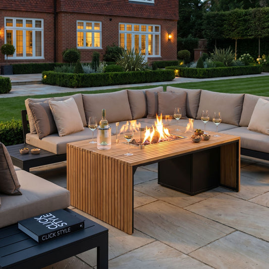 Cosibridge 140 Rectangular Outdoor Gas Fire Pit Table with Slatted Teak Wood Top & Sides – Freestanding Garden Coffee Table Firepit – luxury rectangular outdoor gas fire pit table with slatted teak finish, aluminium frame, optional glass wind guard and ceramic logs, propane gas burner with lava stones, modern patio heater table styled with corner sofa seating for gardens, patios and terraces | Click Style