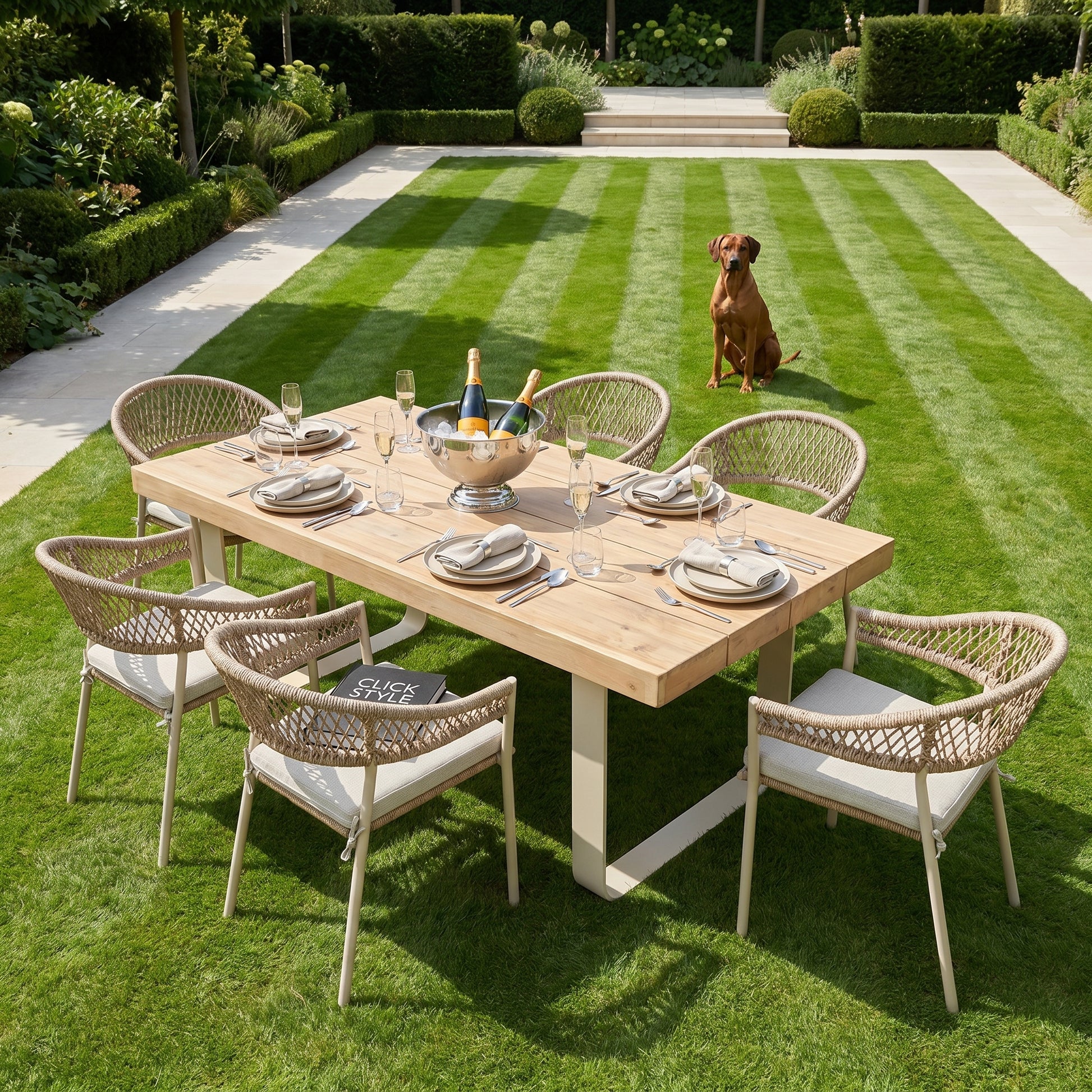 Natural & Light Beige 6 Seater Outdoor Garden Dining Set with Square Tie-On Cushions – Large Rectangular Thick-Top Acacia Wood Table & 6 Curved Back Rope Weave Dining Chairs, Light Beige Powder-Coated Aluminium Frame, Light Linen Season-Proof Cushions with Secure Ties, Weather-Resistant Luxury Patio Furniture Set for UK Gardens, Patios, Decking & Terraces | Click Style