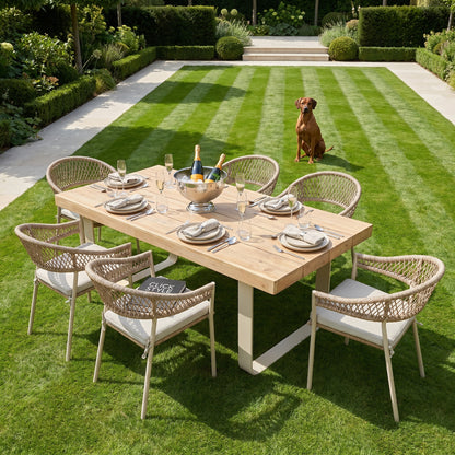 Natural & Light Beige 6 Seater Outdoor Garden Dining Set with Square Tie-On Cushions – Large Rectangular Thick-Top Acacia Wood Table & 6 Curved Back Rope Weave Dining Chairs, Light Beige Powder-Coated Aluminium Frame, Light Linen Season-Proof Cushions with Secure Ties, Weather-Resistant Luxury Patio Furniture Set for UK Gardens, Patios, Decking & Terraces | Click Style