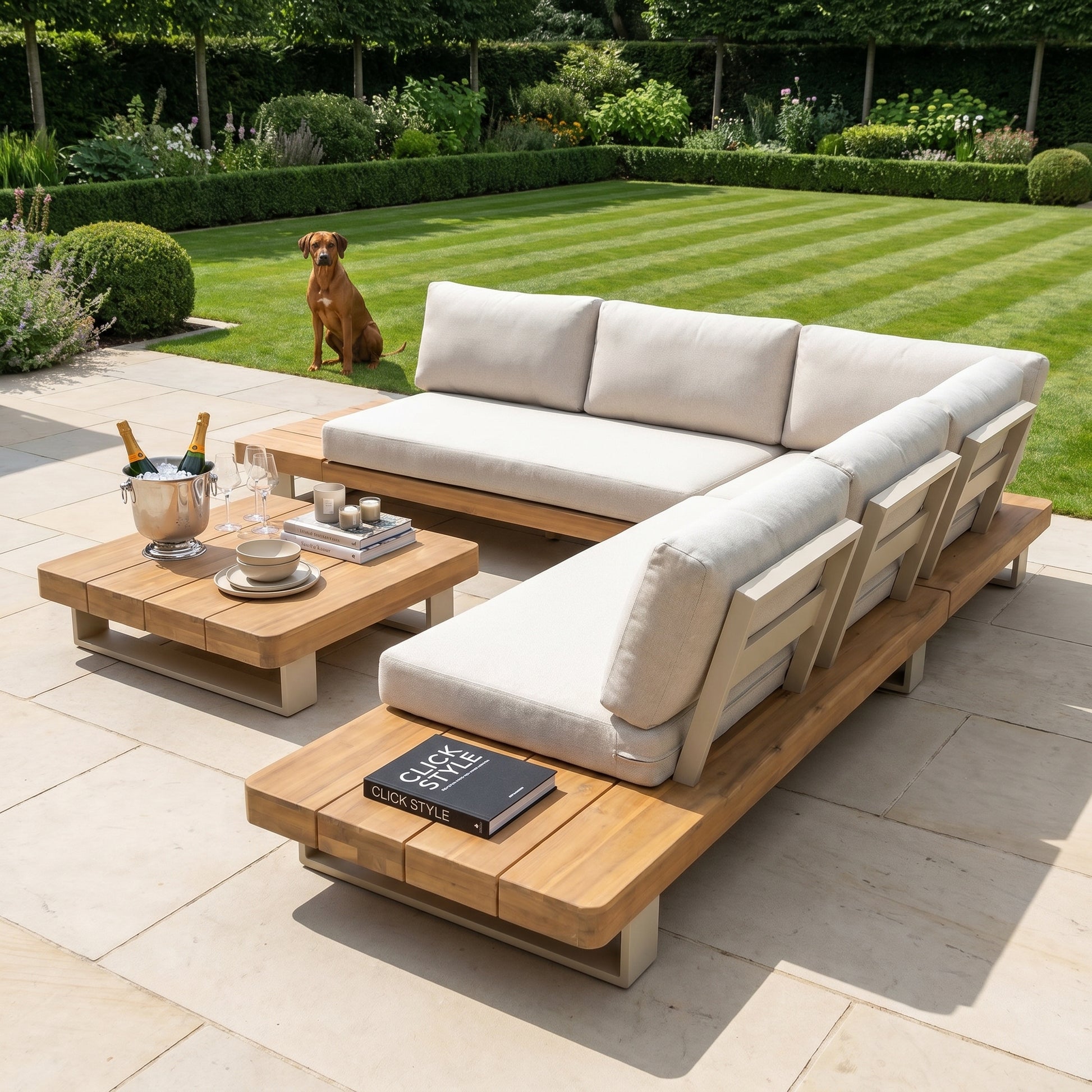 Natural & Light Beige 6-Seater Outdoor Garden Corner Sofa Set with Cushions – Acacia Wood Platform Lounge Set with Light Beige Powder-Coated Aluminium Frame, Coffee Table & Integrated Platform Side Tables 280x280cm, Deep Season-Proof Linen-Look Cushions & Weather-Resistant Outdoor Lounge Furniture for UK Gardens, Patios & Terraces | Click Style